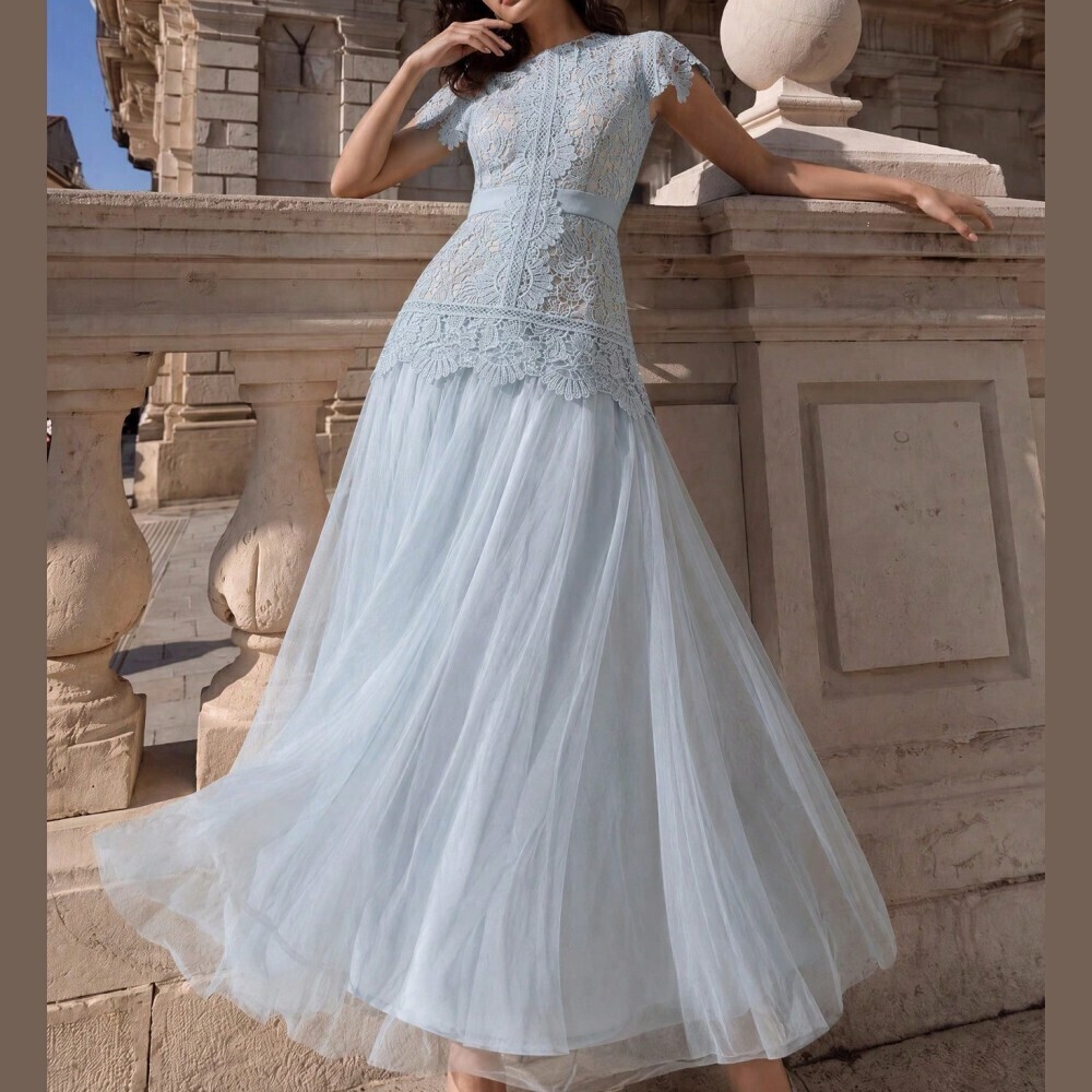 Powder Blue Crochet Lace Bodice Round Neck Flowy Tulle Maxi Dress